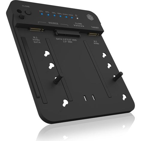Stazione di docking e clonazione ICY BOX IB-2913MCL-C31 per M.2 SATA/NVMe, M.2 PCIe NVMe, HDD/SSD da 2,5"/3,5" USB 3.2 Gen 2 Type-C/A, colore nero.