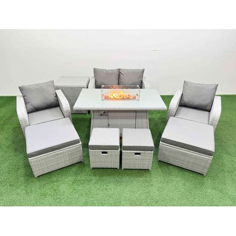 Fimous PE Rattan Lounge Sofa Set 8 Seater Outdoor Garden Furniture Set with Gas Firepit Table Love Sofa 4 Footstools Side Table Light Grey (1/4)