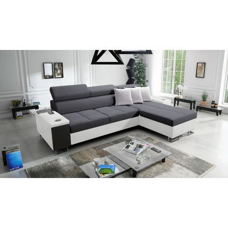 Bequemes Ecksofa mit Schlaffunktion MORENA I MINI Kunstleder/Sawana Weiß/Graphit Rechts (1/5)