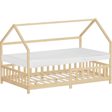 ML-Design Kinderbett Hausbett 120x200 cm mit Matratze, Rausfallschutz, Dach & Lattenrost, Natur, Bettgestell aus Kiefernholz, Montessori Bodenbett, Holzbett für Mädchen & Jungen, Jugendbett Doppelbett