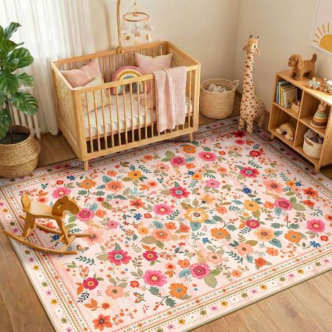 Tapis Lavable Imprimé Floral 90x150 cm Rose/Beige Tapis Salon Chambre, Cuisine, Salle à Manger, Bureau, Salle de Bain, Vintage, Bohème, Lavable en Machine, Poils Courts, Antidérapant (1/5)