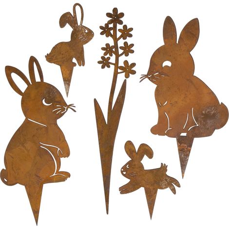 Panneaux de Jardin Pâques - Lot de 5 - Décoration Lapins en Fer Rouillé, Piquets Extérieurs (1/5)