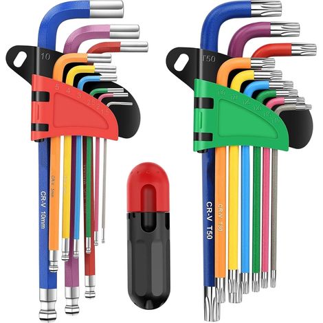 Lot de 18 clés Allen, extrémité sphérique métrique et clé hexagonale Torx/étoile avec code couleur, tailles 1,5 mm-10 mm, T10-T50 pour assemblage de meubles, vélo, moto, bricolage domestique (1/5)