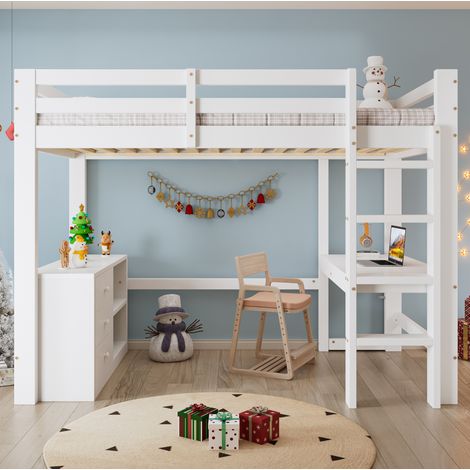Hochbett Kinderbett mit Schreibtisch, Schubladenschrank und Regal, 90x200 cm, Kiefer+MDF, Weiß, Lattenrost (1/5)