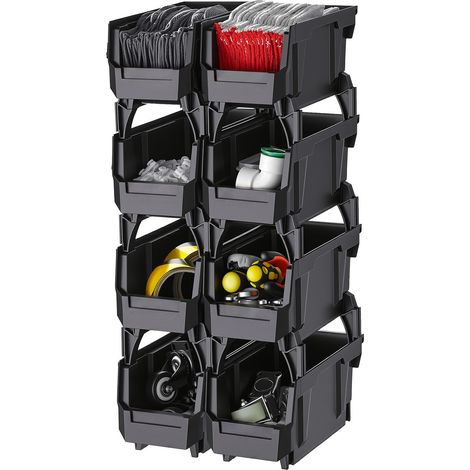 Bac à Bec Empilable Lot de 8 Bacs de Rangement Plastique 27,6 x 14 x 13 cm Boites de Rangement Empilables pour Atelier, Garage, Petites Pièces, Fournitures de Bureau et Autres Accessoires, Noir (1/5)