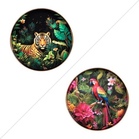 1 plateau rond jungle 37 cm, motif tigre ou perroquet, mélamine résistante, usage intérieur/extérieur, décoration salle à manger