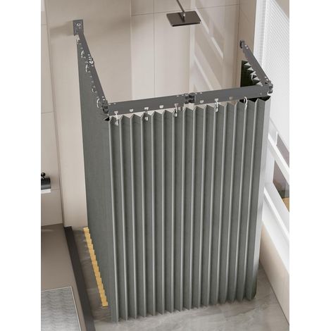 Tringle Rideau Douche Sans Perçage, Pliable 2m, avec Rideau de Douche 1,8×2m, Tringle à 5 Plis et Barre Télescopique 25,5 cm, pour Salle de Bain, Vestiaires, Camping-cars (Gris) (1/5)