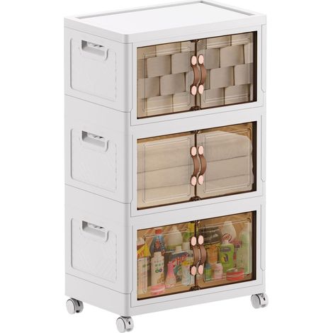 Armoires de rangement en plastique avec roulettes, 3 tiroirs, empilables, pliables, accès par le haut et sur le devant, portes magnétiques transparentes, 63 L chacune (1/5)
