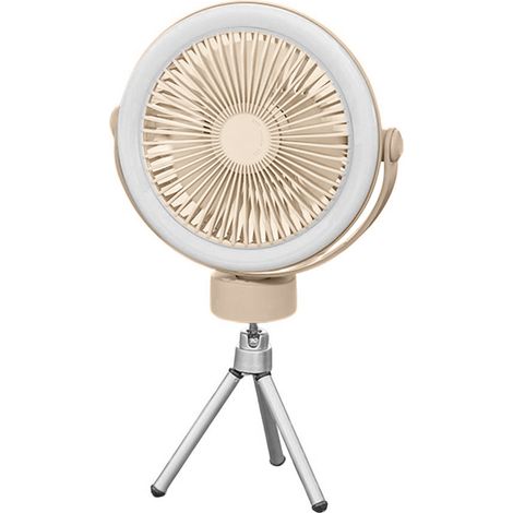 Wiederaufladbarer Campingventilator mit 2400-mAh-Akku, LED-Leuchte, USB-betrieben, zum Aufhängen oder Aufstellen (Beige)