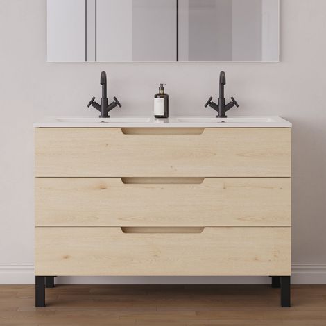 Meuble de salle de bain 120cm double vasque - 3 tiroirs - sans miroir - roble calima (bois clair) - RIZA (1/5)