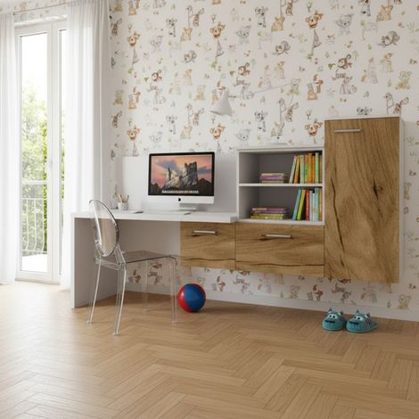 Angolo studio con scrivania parzialmente sospesa e libreria - Design moderno e personalizzabile - Bianco e Quercia