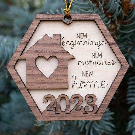Pendentif Bois Nouvelle Maison - 8 cm x 8 cm - Décoration Porte Fenêtre Porche - Lot de 2 (1/5)