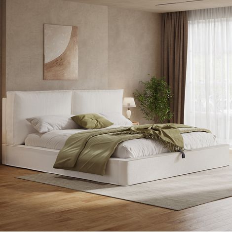 Cama doble 231x196x105 cm, con almacenaje hidráulico y cabecero tapizado, estructura antideslizante, bouclé beige (1/5)