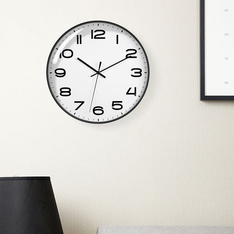 Horloge murale de salon de 12 pouces, design simple, horloge en plastique pour la maison, horloge à quartz silencieuse, usine d'exportation G2001, cadran blanc, cadre noir. (1/5)