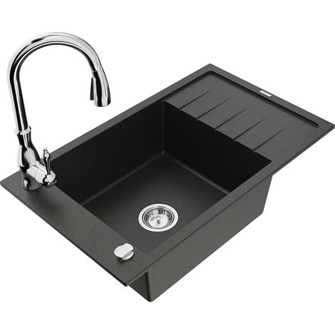 Mexen Elias 1 Becken-Granitspüle mit Abtropffläche und Mischbatterie Savita, Schwarz/Gold metallisch (1/5)