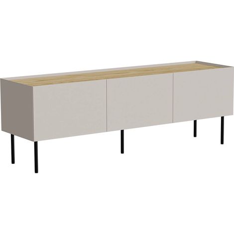 Meuble TV Calanna, buffet de salon avec trois portes battantes et trois compartiments intérieurs, surélevé du sol, 150x40 h52 cm, Beige et Chêne (1/4)