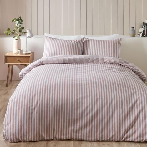Parure de lit réversible avec Housse de Couette et taies d'oreiller en Coton brossé à Rayures Rose pâle Super King Size (1/5)