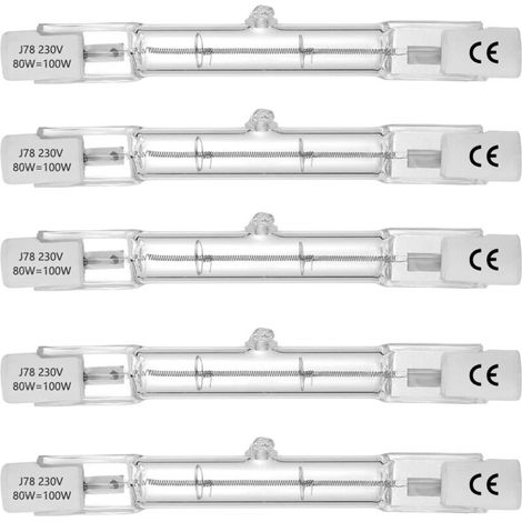 Tube halogène, culot R7S, lampe tube halogène T3, 230V, 80W, 78mm, blanc chaud - 2800K (5 pièces)
