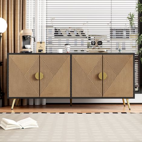 Buffet Bas de Salon Noir et Bois 160cm - Enfilade de Séjour Moderne avec 4 Portes à Motif Géométrique en Relief, Charnières Soft-Close et Pieds Dorés - 160x40x75cm (1/4)