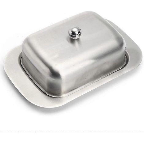 Beurrier en acier inoxydable 17,5 x 10,5 x 6,3 cm avec couvercle argenté, style vintage, boîte à beurre, récipient de rangement, plateau à fromage pour la cuisine et la salle à manger. (1/5)