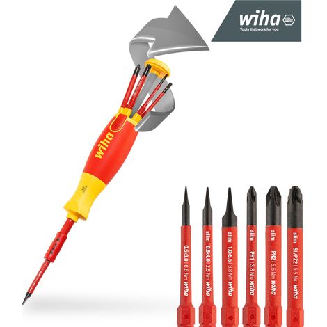 Wiha Screwdriver with bit magazine LiftUp electric Phillips, PlusMinus/Pozidriv, slotted with 6 slimBits (38613)