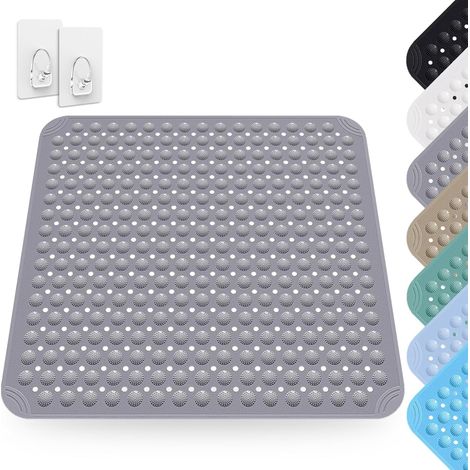Tapis De Douche, 80 x 80 cm Tapis Antidérapant avec Ventouses avec Trous D'évacuation, Tapis Antidérapant en PVC, Tapis de Douche Carré Lavable, Lavable en Machine, pour Douche et Sauna, Gris (1/5)