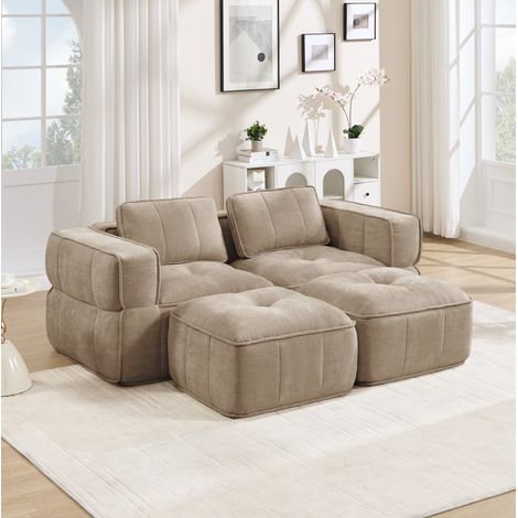 Divano modulare 2 posti con due pouf, tessuto poliestere, 32D, sabbia DESVIAE (1/5)