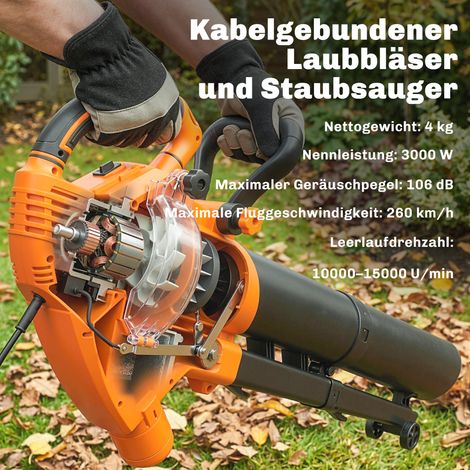 3000W 3-en-1 Souffleur et Aspirateur de Feuilles Électrique, Sac de 40L, 4 Roues, Sangle Réglable, Orange (1/4)