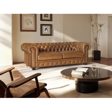 Canapé chesterfield 3 places BRENTON 100% cuir de buffle premium - Caramel vintage (1/3)