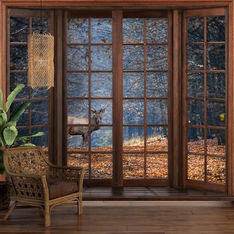Papier peint panoramique Trompe l'oeil Fenêtre en bois - Cerf - 130 cm x 104 cm (1/5)