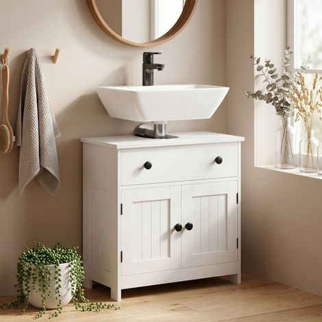 Waschbeckenunterschrank, modern und freistehend, mit Soft-Close-Scharnieren, Schublade und 2 Türen, Weiß (1/5)