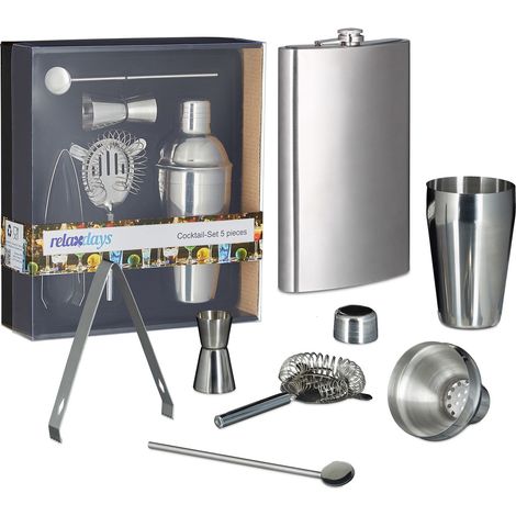 6 tlg. Bar-Set XXL Edelstahl, Flachmann 1,8 l, Shaker, Barsieb, Messbecher, Cocktaillöffel, Eiswürfelzange, Cocktailset (1/5)