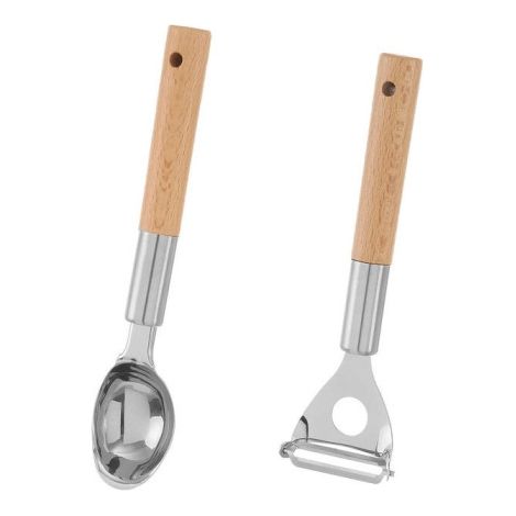 Épluche-légume + cuillère à évider en bois hêtre et métal chromé (1/4)