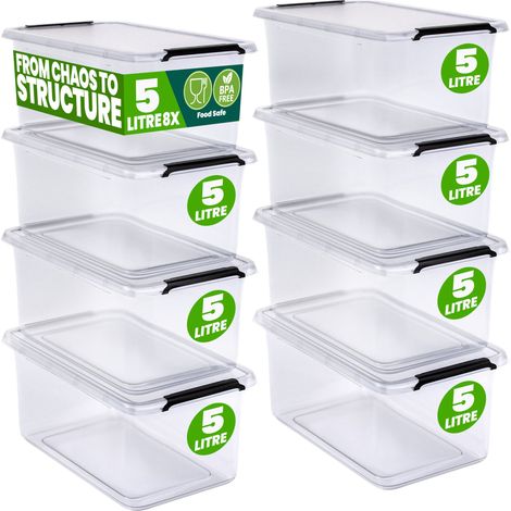 DEUBA® Storage Box With Click Closure Secure Lid 2 Litre and 5 Litre BPA Free Food-Safe Plastic Boxes Small Stackable Transparent Organisers for Kitchen Bedroom Garage Office 8x 5L (de)