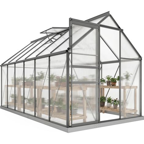 Serre de jardin - Outsunny - aluminium polycarbonate - avec fondation, fenêtre réglable, porte coulissante - 190 x 375 x 199 cm
