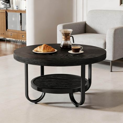 Tavolino da caffè rotondo nero 79,8 cm a 2 livelli, MDF e metallo, con vano MEUBLIV (1/5)
