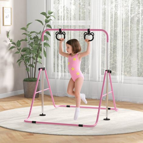 Barre de traction murale enfant, barre fixe pliable réglable en hauteur avec anneaux, rose (1/5)