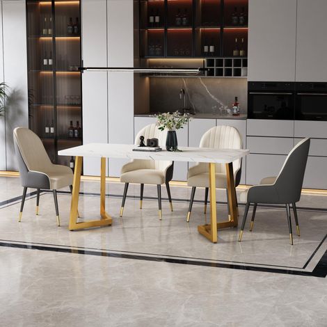 Table à manger 117x68cm, (1 pièce), cadre métallique Table à manger rectangulaire à motif marbre moderne Table de cuisine avec pieds métalliques pour salle à manger Salon, blanc, or/blanc (1/5)