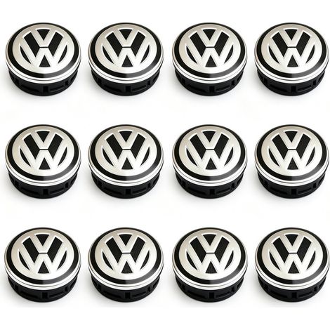 Satz mit 12 Radkappen für Volkswagen – 65 mm Radkappen, schwarz/chrom – Ersatz für Golf, Polo und Beetle – 3B7601173