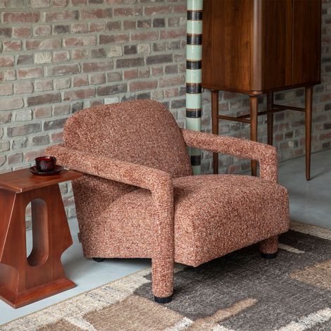 Fauteuil lounge 74x76x76 cm en tissu bordeaux et bois d'eucalyptus (1/5)