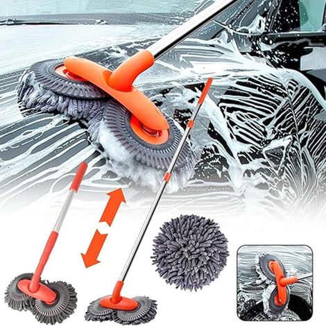 Brosse de lavage auto télescopique rotative 360° à poils souples, serpillière double tête en microfibre chenille pour pare-brise, vitres, caravane (1/5)