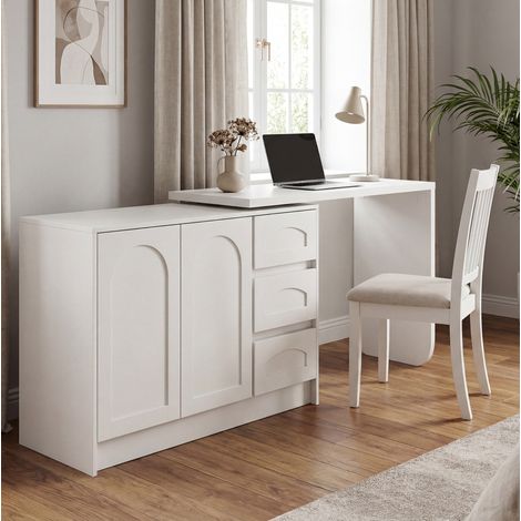 Scrivania girevole 360° in MDF bianco, 110-170 x 40 x 75 cm, con 3 cassetti e armadietto (1/5)