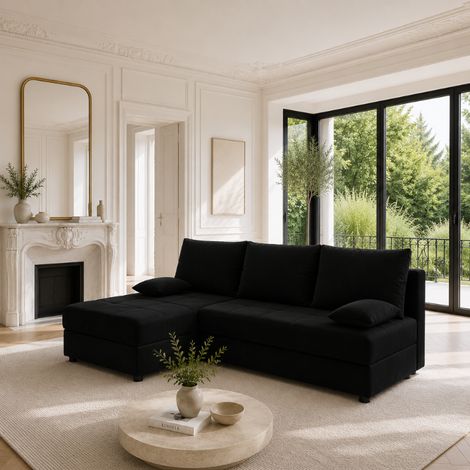 MOSIA - Canapé d’angle convertible en tissu avec coffre de rangement - 3 places - 200 cm - Noir (1/5)