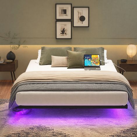 Cama flotante 120x200 cm de metal negro con LED y cargador, sin colchón – MEUBLIV (1/5)