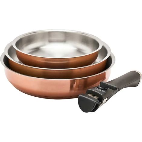 Set 3 poêles acier inox 20/24/26cm + manche amovible 496-816g (1/5)
