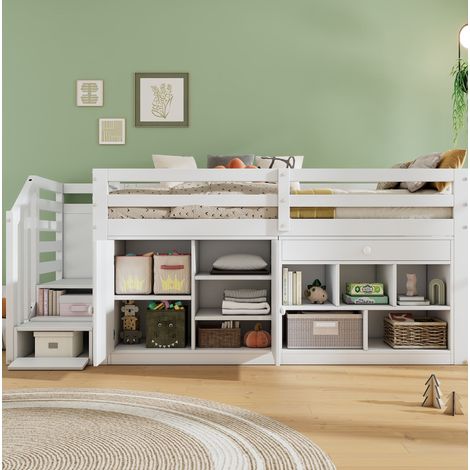 REDOM - Cama infantil de madera maciza 90x200 cm, con espacio de almacenamiento, escalera reversible, cajones convertibles en escritorio, blanco (1/5)