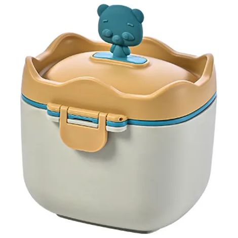 Distributeur de lait en poudre portable pour bébé, boîte de rangement compartimentée avec cuillère, récipient à formule jaune 13,5x11x9,5 cm, accessoire d’alimentation pratique pour nourrissons. (1/5)