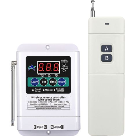 Interruttore a relè wireless con telecomando per l'illuminazione della pompa dell'acqua e timer con conto alla rovescia.