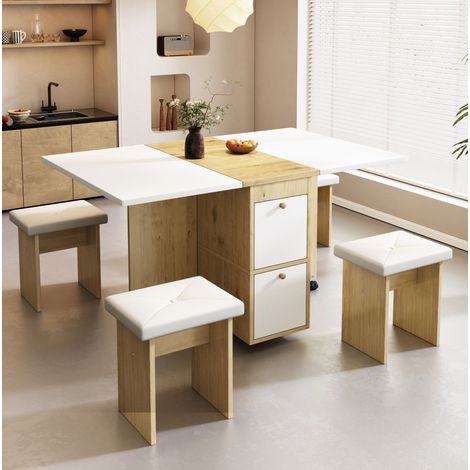 Set tavolo da pranzo pieghevole ed estensibile 120 x 80 x 75 cm, 4 sedie, bianco e rovere HAVRYA (1/5)