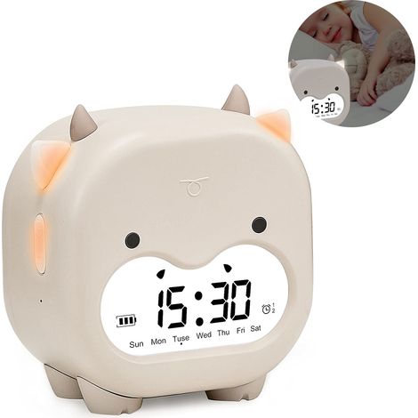 Réveil lumineux pour enfants, motif vache adorable, veilleuse LED, réveil numérique avec annonce de l'heure, commande vocale, fonction snooze, affichage de la température, convient aux filles, aux gar (1/5)
